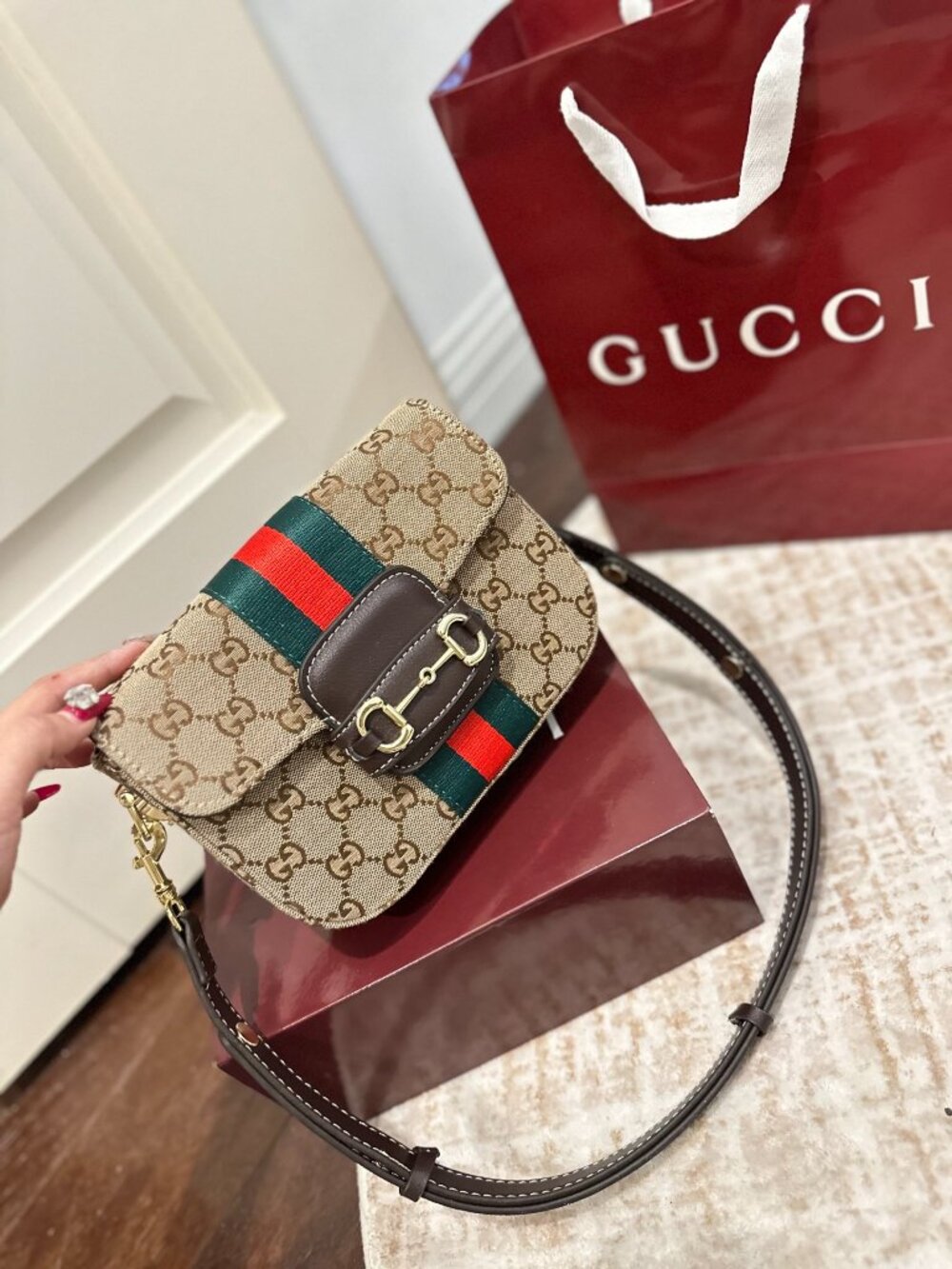 GUCCI Horsebit 1955 Canvas Saddle Bag Shoulder Bag - Picture 2 of 9